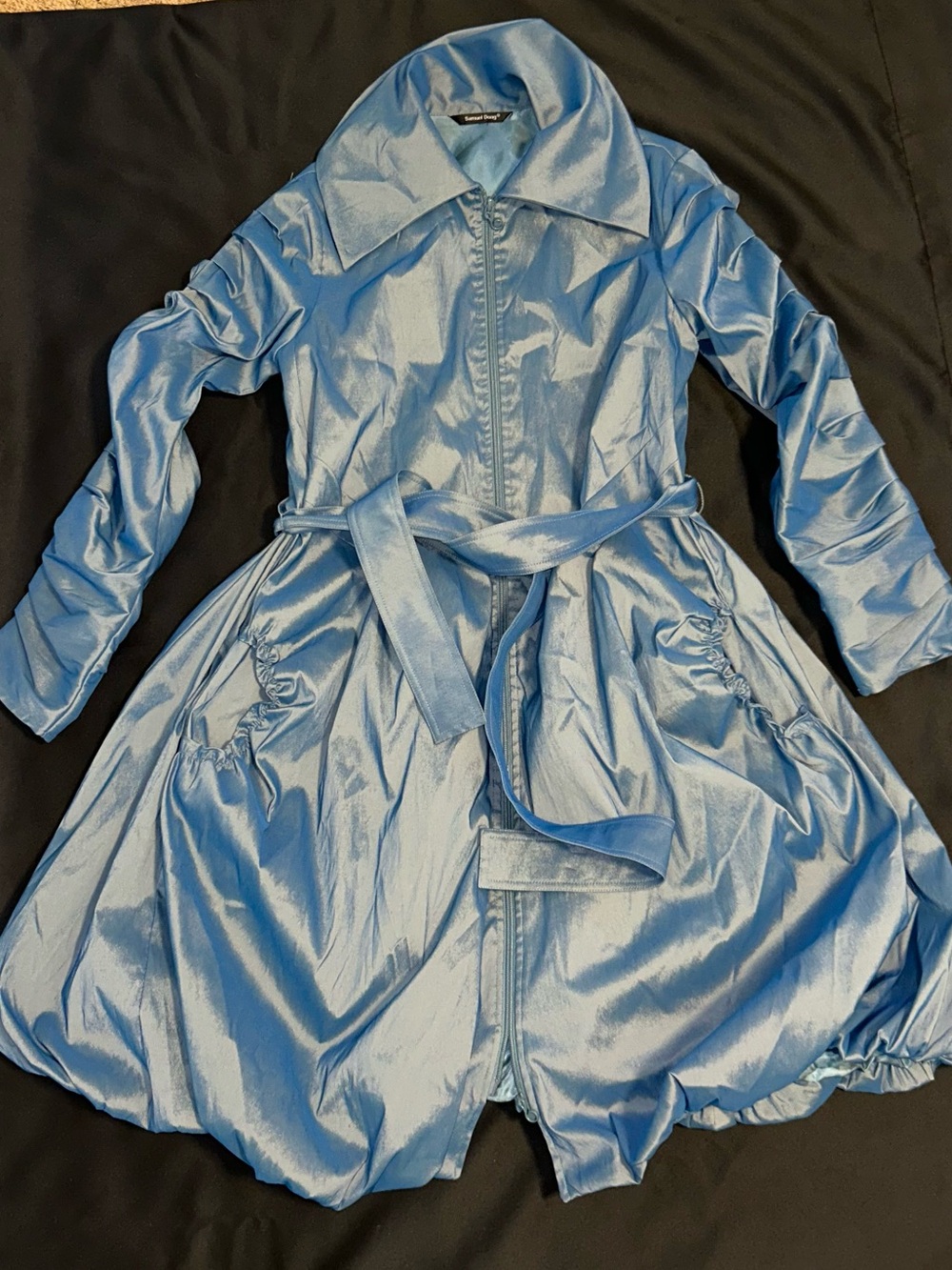 Samuel Dong Shiny Blue Satin Bubble coat with Belt